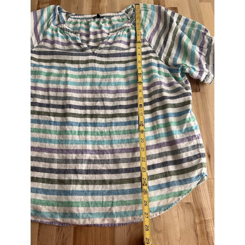 Talbots Puff Sleeve Split Neck Blouse 100% Linen Purple Blue Stripe XL - Picture 7 of 7